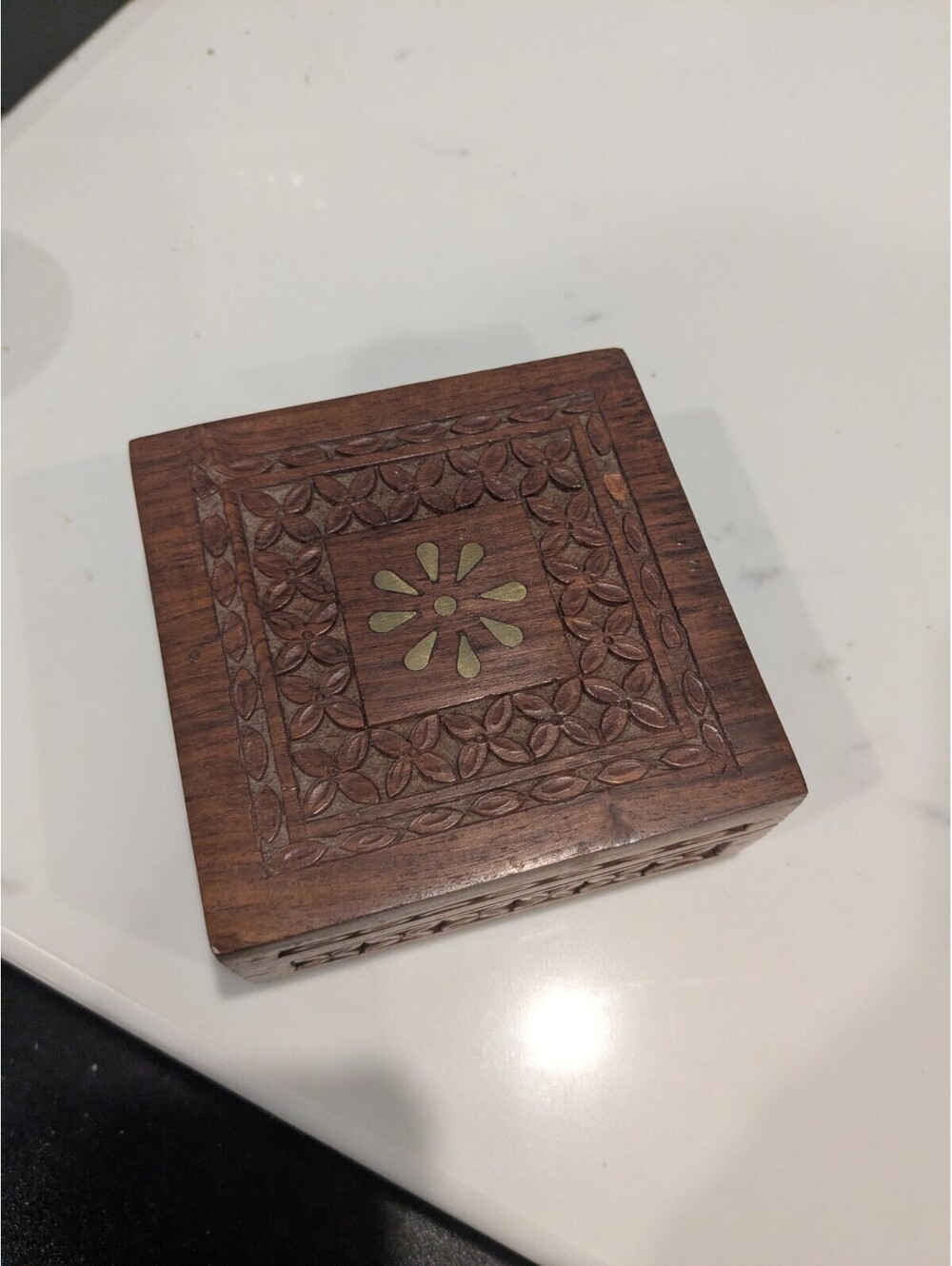 Carved Wooden Trinket Box with Floral Inlay, Hinged Lid, Made in India